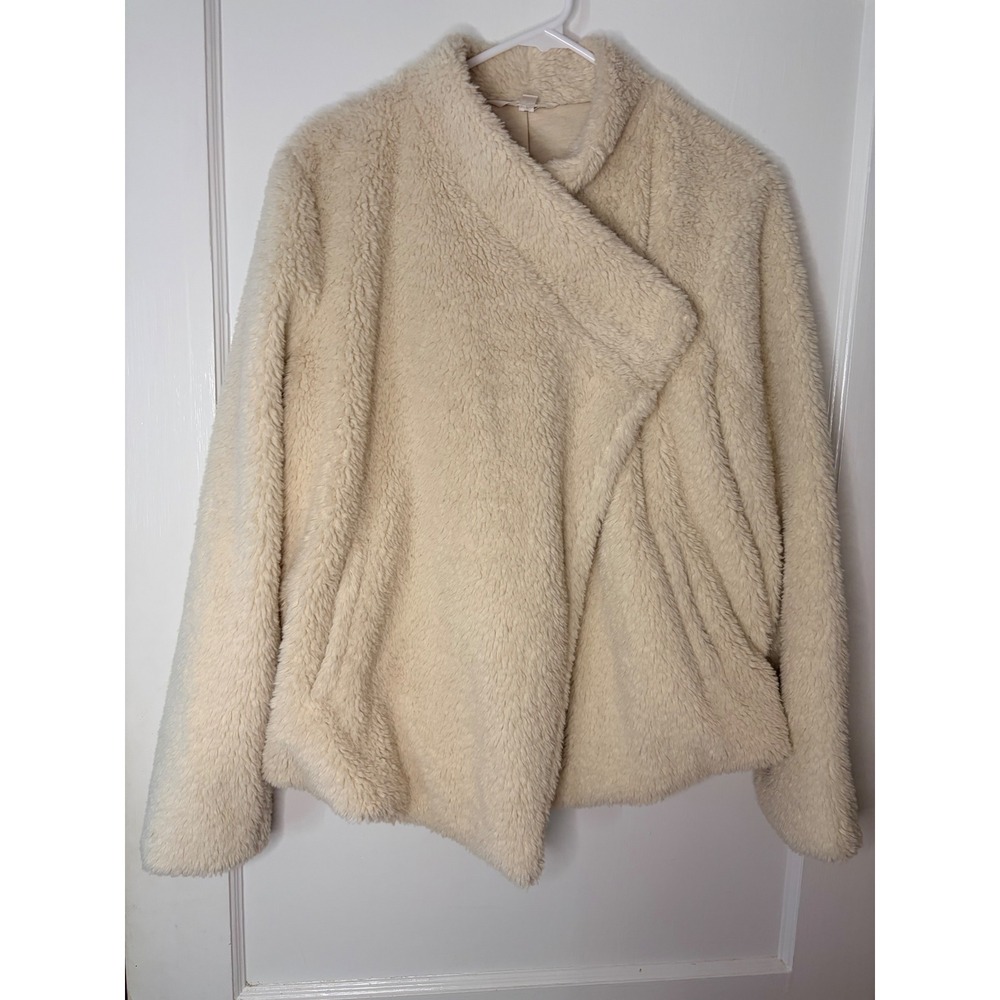 BB DAKOTA Cream Fuzzy Faux Fur Asymmetrical Drape Cardigan Jacket Women‎ L